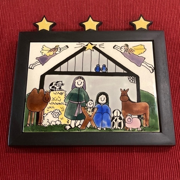 Nancy DeYoung Vintage Framed Ceramic Tile ‘95 Nativity Christmas Scene - Picture 1 of 9